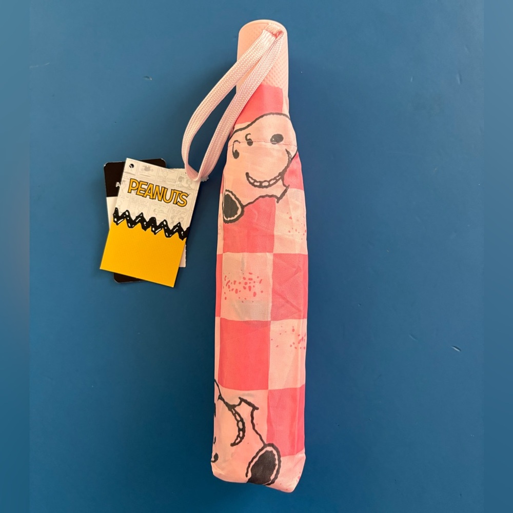 Peanuts Snoopy Pink Checkered Auto Open/Close Umbrella with Sleeve